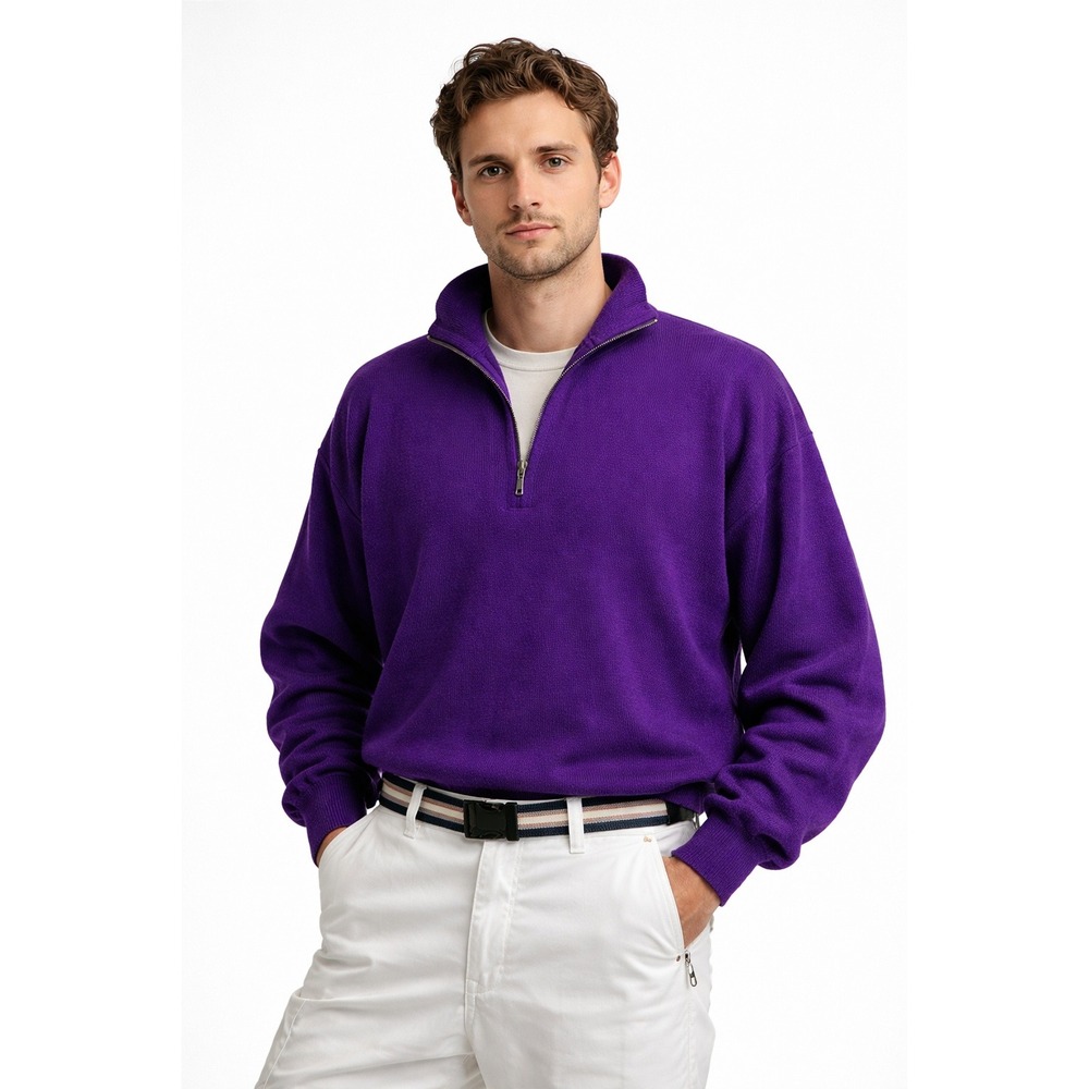 Vintage Meister 90s Purple Wool Blend Ski Sweater‎ Mens L 1/2 Zip Mock Neck